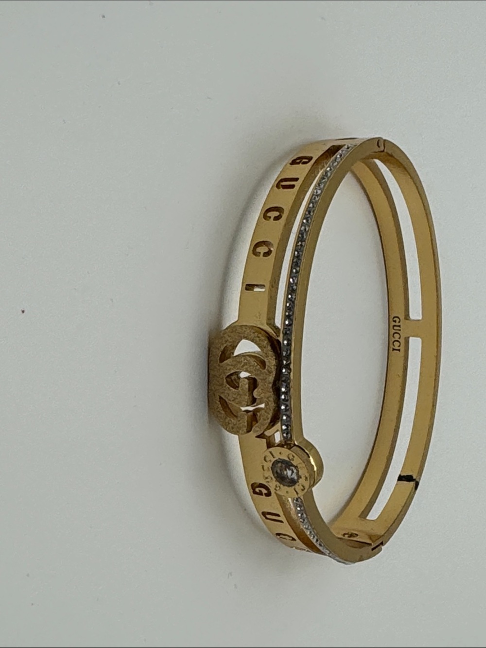 Gucci Gold and Clear Crystal Interlocking G Bangle Bracelet